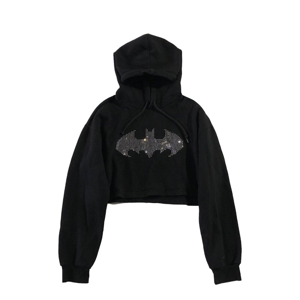 Forever 21 Womens Size M Black Hoodie Cropped Batman Rhinestones Sweatshirt